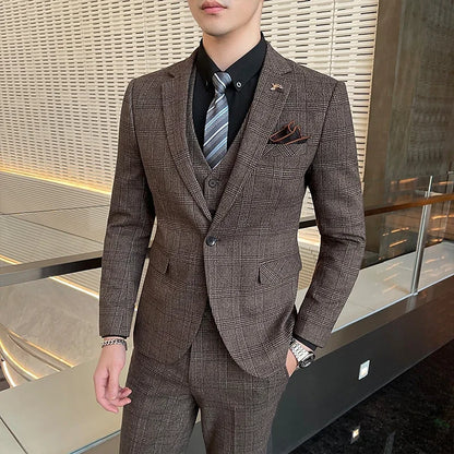 2026 Hemp（Blazer + Vest + Trousers）Suit Man Italian Style Elegant Fashion Business Cotton Linen Casual Slim Gentleman's Formal
