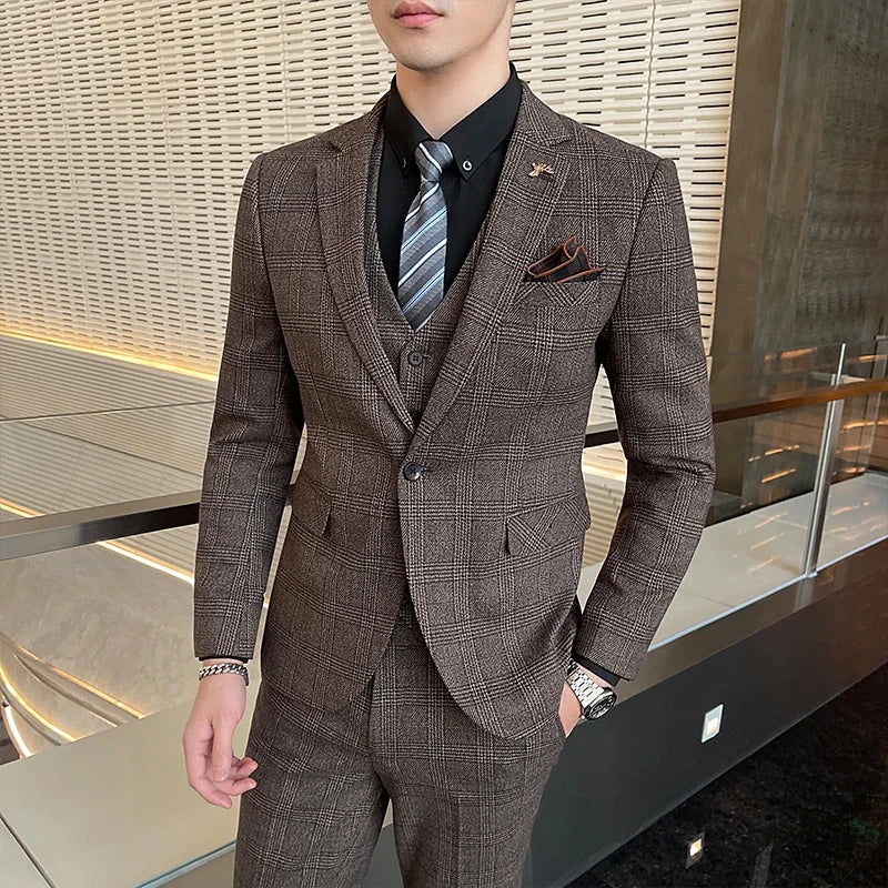 Boutique Suits (Blazer+ Vest + Pants) Men Fashion Hosting Work Business Wedding Casual Linen Art Style Elegant Gentleman's Suit