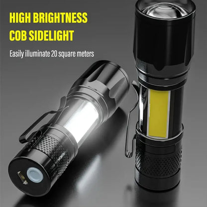 LED+COB Portable Flashlight Zoomable Small Torch USB Rechargeable Outdoor Camping Fishing Long Range Camping Emergency Lantern