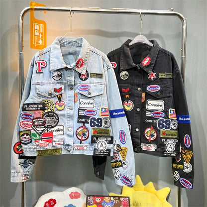 Y2K Spring and Autumn New Men's Embroidered Denim Jackets Trendy and Handsome Slim Fit Badge Jeans Coat
