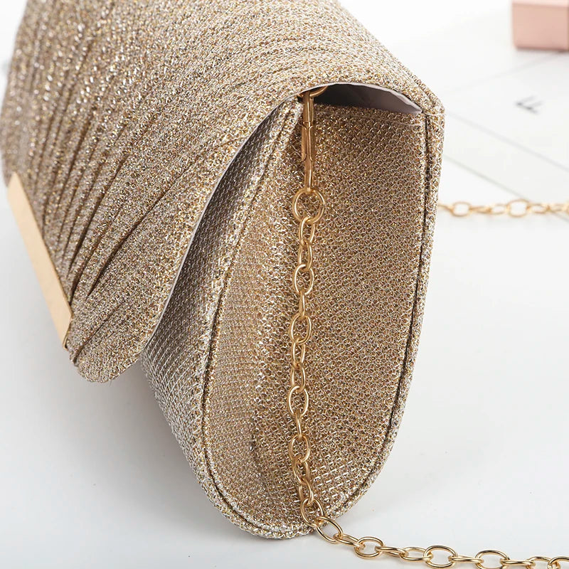 Decorative sequin pleated dinner bag Pop metal chain shoulder bag Wedding party storage bag Premium banquet evening dress bag