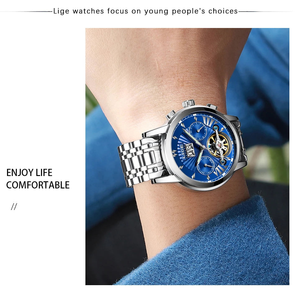 2026 LIGE Automatic Mechanical Wrist Watches For Men Top Brand Luxury Tourbillon Men Watch Fashion Business Waterproof Watch Men