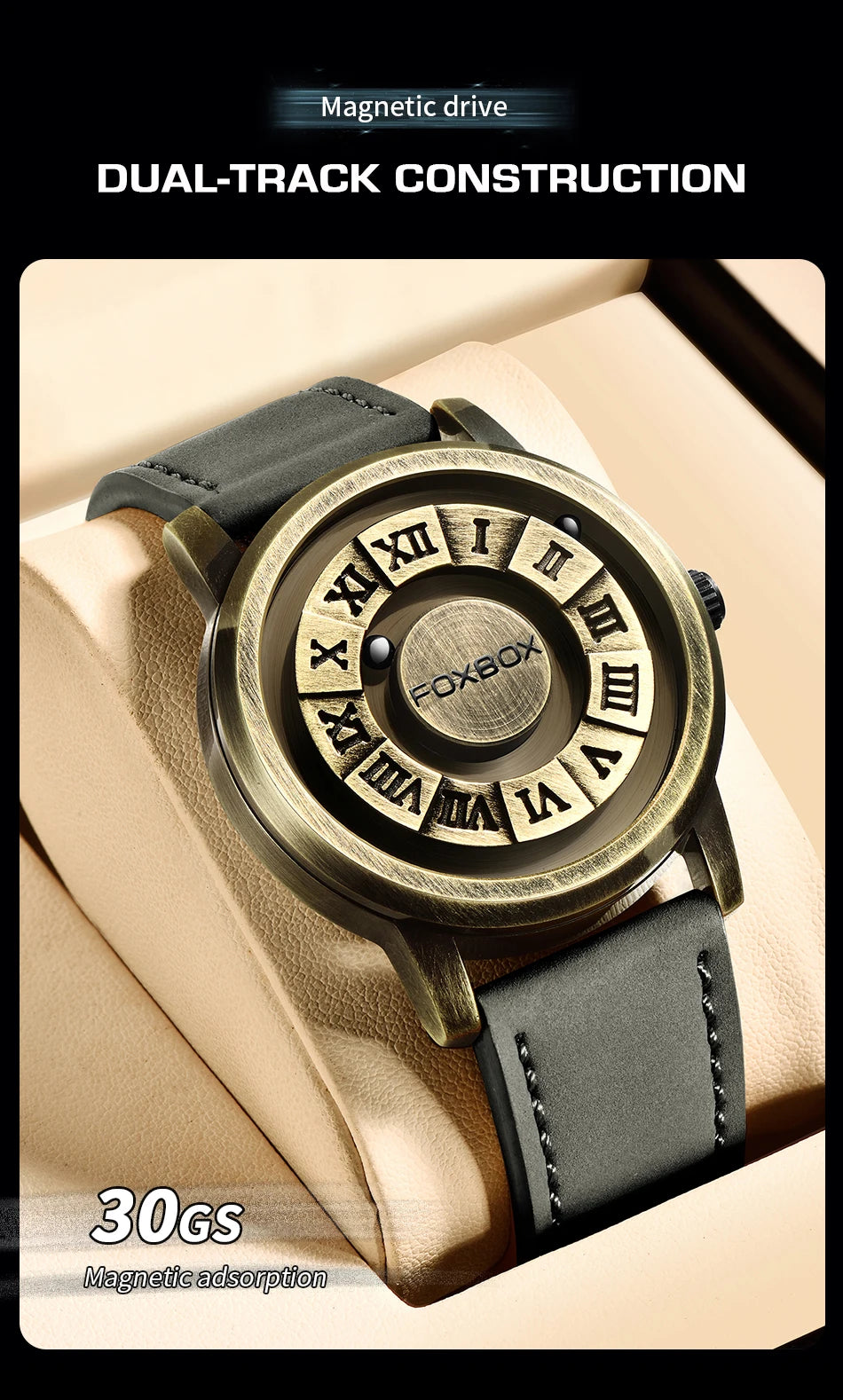 FOXBOX Fashion Leather Watch Men Creative Rolling Pointer Design Watch Men Casual Business Military Men's Quartz WristWatches