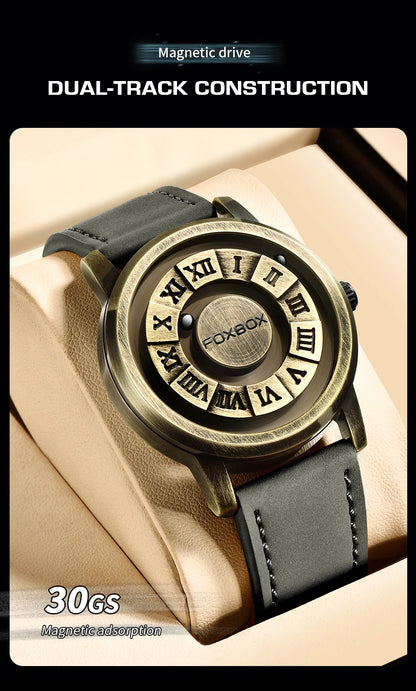 FOXBOX Fashion Leather Watch Men Creative Rolling Pointer Design Watch Men Casual Business Military Men's Quartz WristWatches