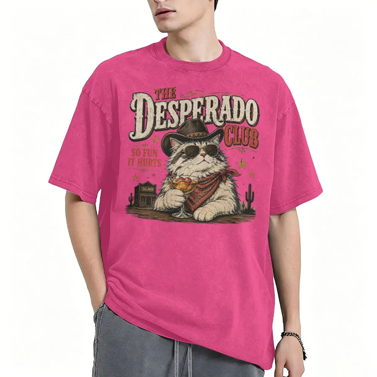 Vintage Washed Western Cowboy Cat T-shirt Cute Animal Manga T-shirts Men Women Cotton Casual Oversized T Shirt Tops