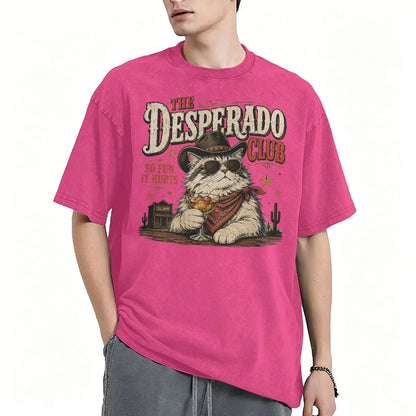 Vintage Washed Western Cowboy Cat T-shirt Cute Animal Manga T-shirts Men Women Cotton Casual Oversized T Shirt Tops