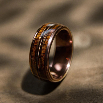 Fashion 8mm Rose Gold Color Stainless Steel Guitar String Rings for Men Koa Wood Inlay Ring Whiskey Barrel Mens Wedding Band