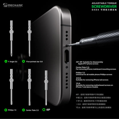 MECHANIC DADA Phone Repair Screwdriver Set, Adjustable Torque 0.35-0.55N.cm, 4IP/Y0.6/Pentalobe 0.8 Bits, Anti-Over-Tightening