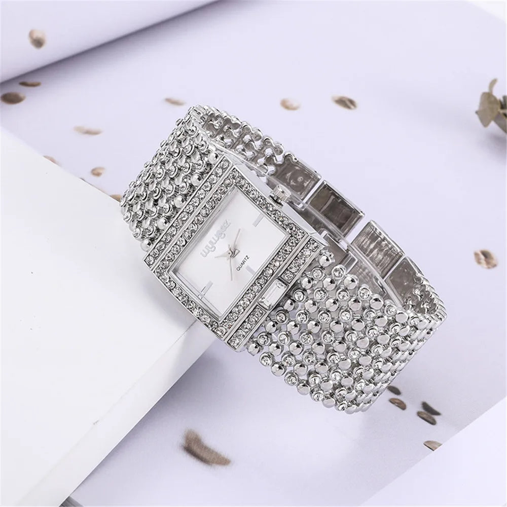 Luxury Simple Square Diamond Encrusted Women's Quartz Watch Gold Skeleton Fashion Women's Clock Gift Dress Wristwatch
