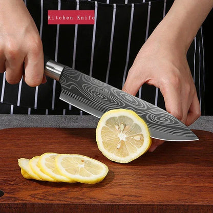Laser Damascus Pattern Utility Kitchen Knives Set, Stainless Steel Sharp Slicing Chef Knife, Scissors & Sharpening Rod Cooking T