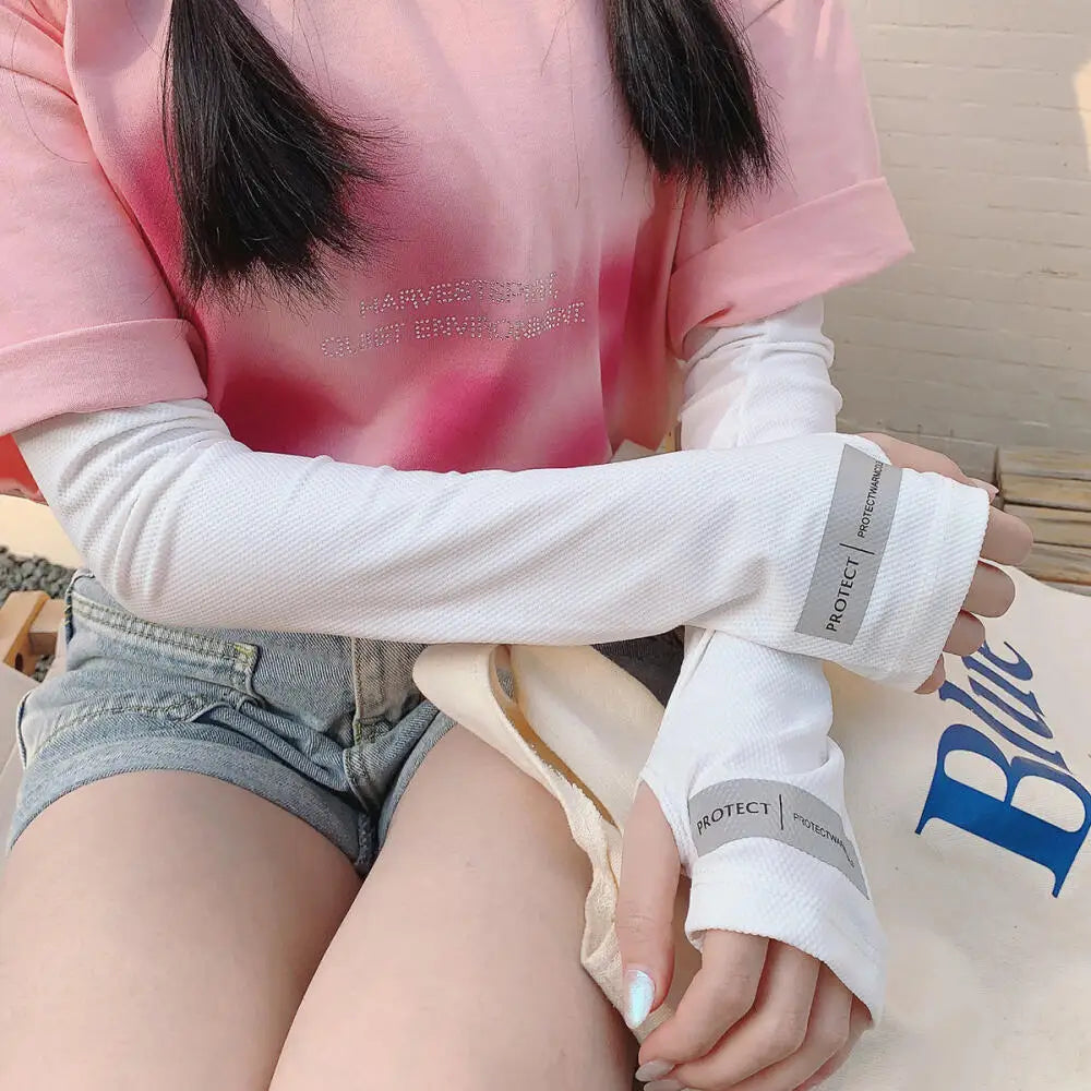 Reflective Logo Ice Silk Cooling Arm Sleeves, Breathable Mesh Sun Protection Sleeves for Men and Women