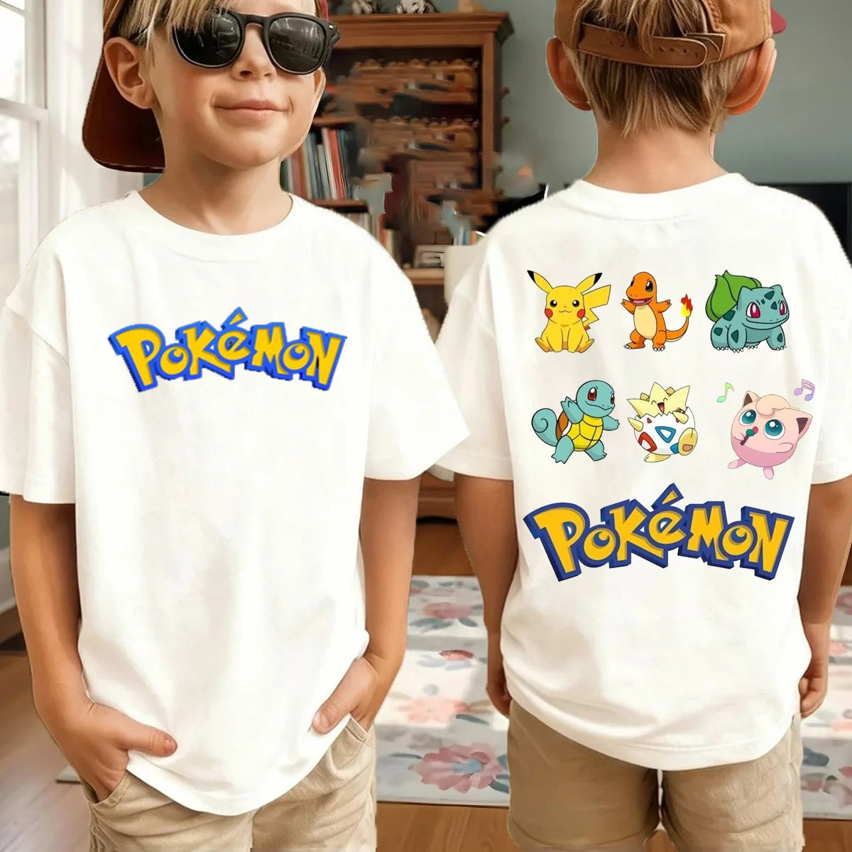 Summer Pokémon AnimeT-shirts Boys Pure Cotton Short-sleeved Top Casual Suitable for Both Boys and Girls, Parent-child Outfits.