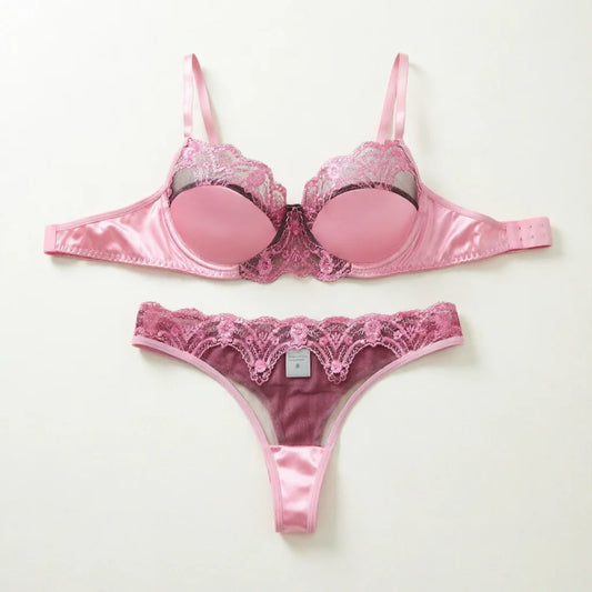 Women's Romantic Pink Lace Lingerie Set Padded Balconette Bra + Sheer Thong Satin Trim Date Night/Valentine's Underwear ZA824289