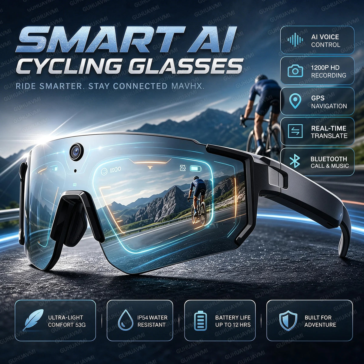 New AI Smart Glasses With Camera 1200P Video Recording Anti-Shake Shooting Sunglasses Bicycle Riding Windproof Goggles Men Women