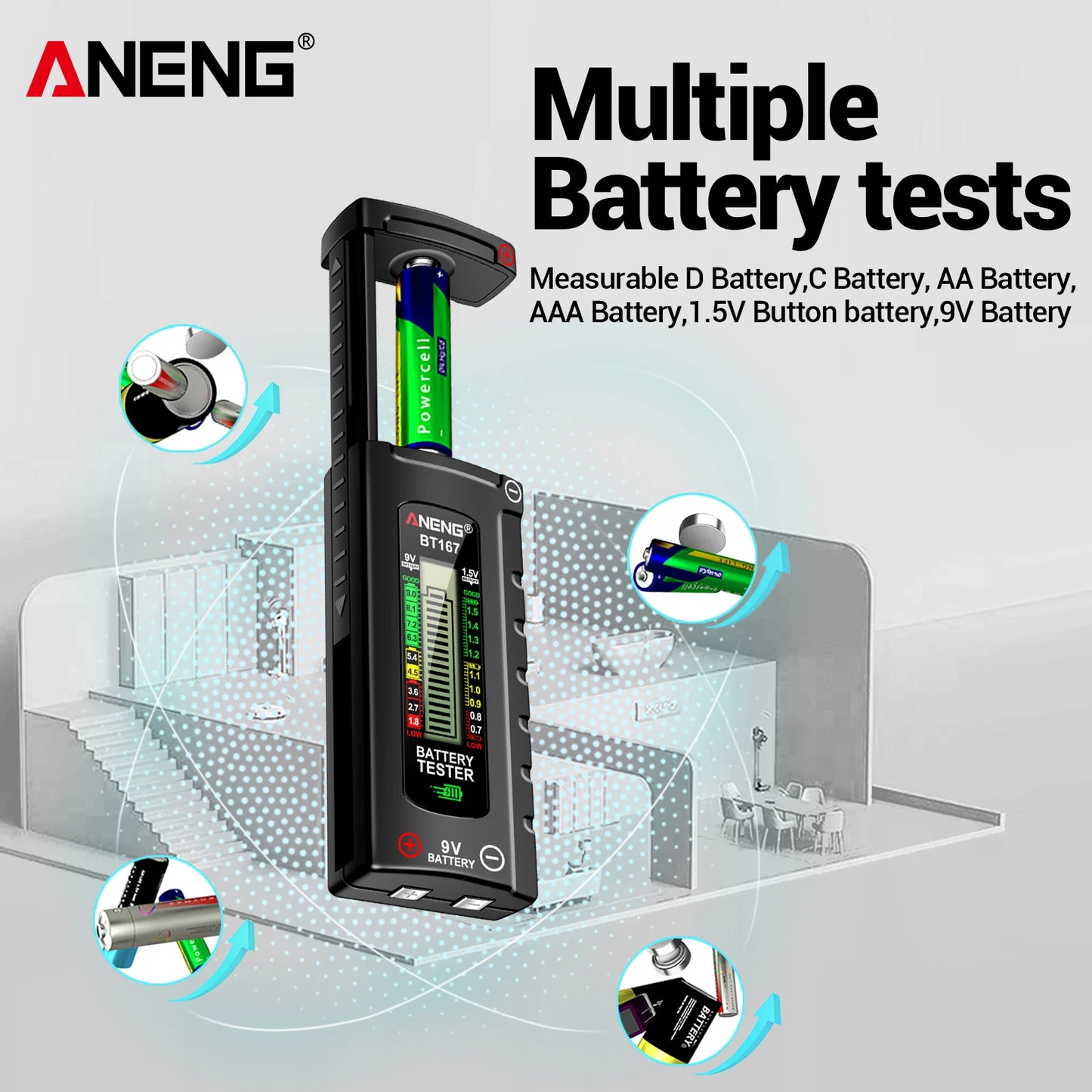 ANENG BT167 household battery level tester does not require power supply to measure D/C/AA/AAA/9V/button battery level detector