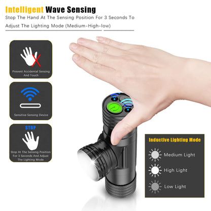 LED Wave Hand Induction Headlamp Sensor Headlight USB C 18650 Magnetic Tail Head Torch Camping Hunting Lamp Zoomable Flash light