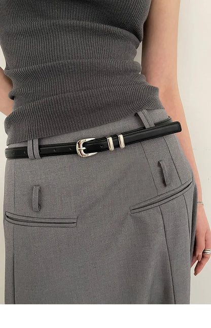 Woman's Fashionable Belts Black Simple Thin PU Belts Trousers Skirt Versatile Belts Student's Casual Belt