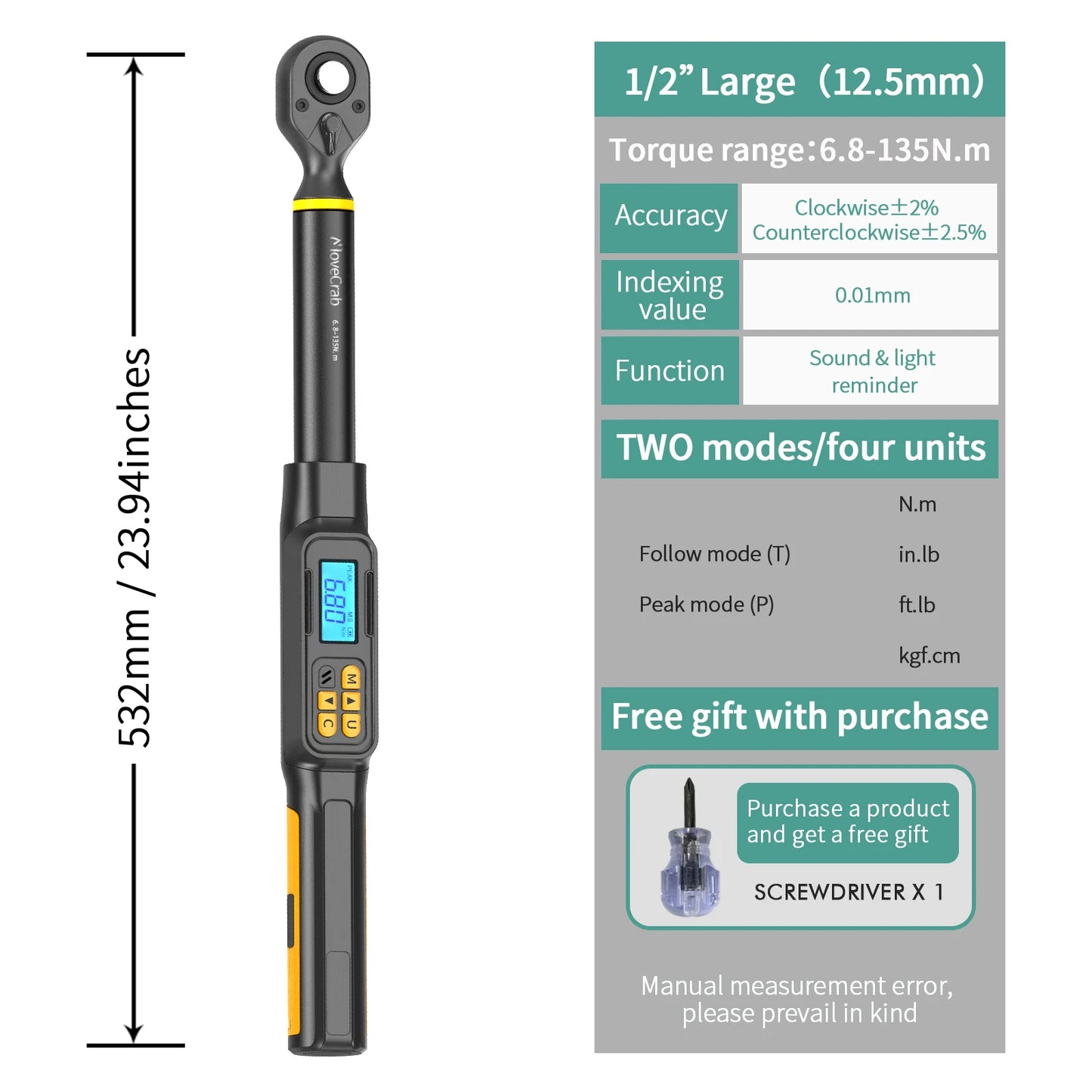 MOVECRAB Series Digital Torque Wrench 1.5-340N.m 2% Accuracy Preset Values with Buzzer, LED Flash & HandleVibration Notification