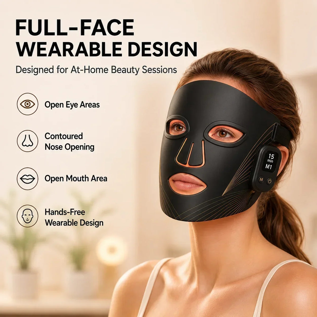 LED Face Mask 5 Light Modes Full Face Beauty Device Detachable Controller 10/15/20 Min Timer Rechargeable At Home Skin Care
