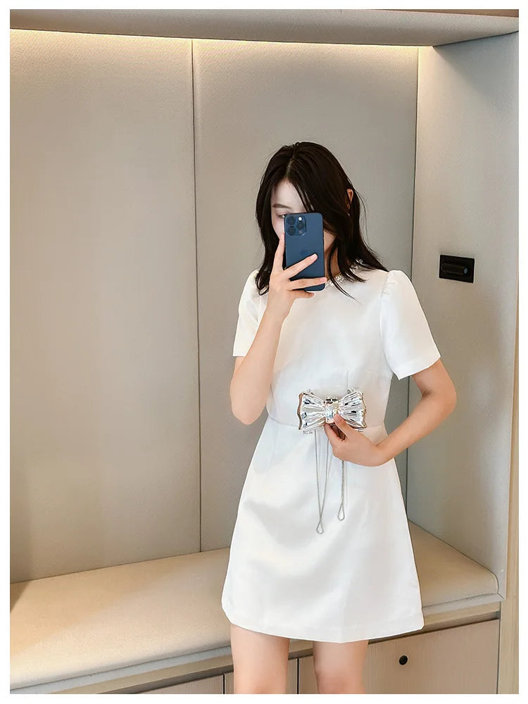 Luxury Designer Mini Bowknot Evening Bag for Women Girls Crossbody Handbag Chain Shoulder Bags Metal Purse for Party Wedding