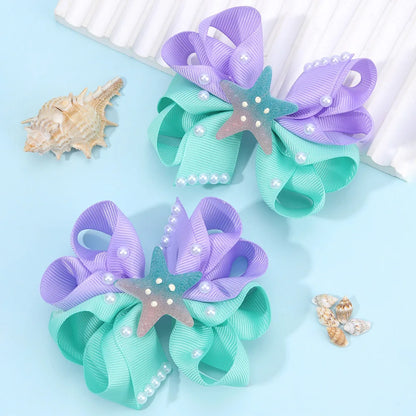 2Pcs Starfish Bow Hair Clips For Girls Sweet Ribbon Patchwork Cute Pearls Hairpins Kids School Trendy Headwear Accessories