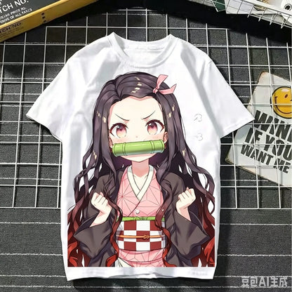 2026 Summer Demon Slayer Nezuko Cherry Blossom Butterfly Print Cotton T-Shirt Adult Kids Casual Loose Breathable Anime Tops Y2k