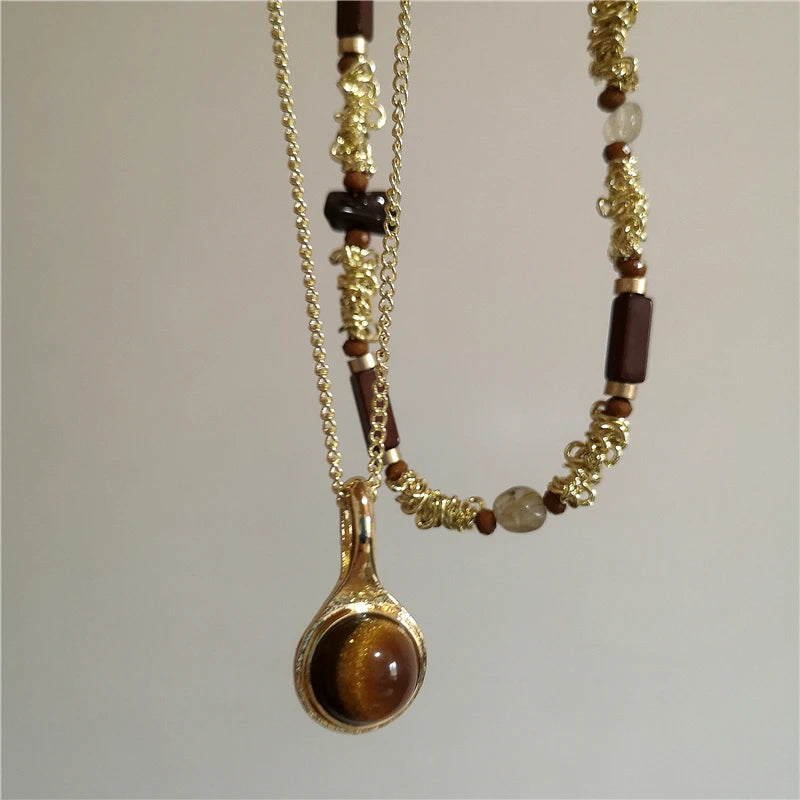 Vintage Leather Brown Stone Sun Pendant Beaded Choker Clavicle Chain Necklace For Women Unique Y2K Personalized Grunge Jewelry