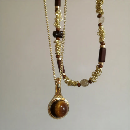 Vintage Leather Brown Stone Sun Pendant Beaded Choker Clavicle Chain Necklace For Women Unique Y2K Personalized Grunge Jewelry