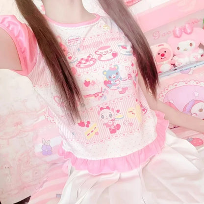 Japanese Girl Woman Clothing Cute Printed Short T-shirts Female Summer Colorful Short Tops Kawaii Pulover Youthful y2k Clothes