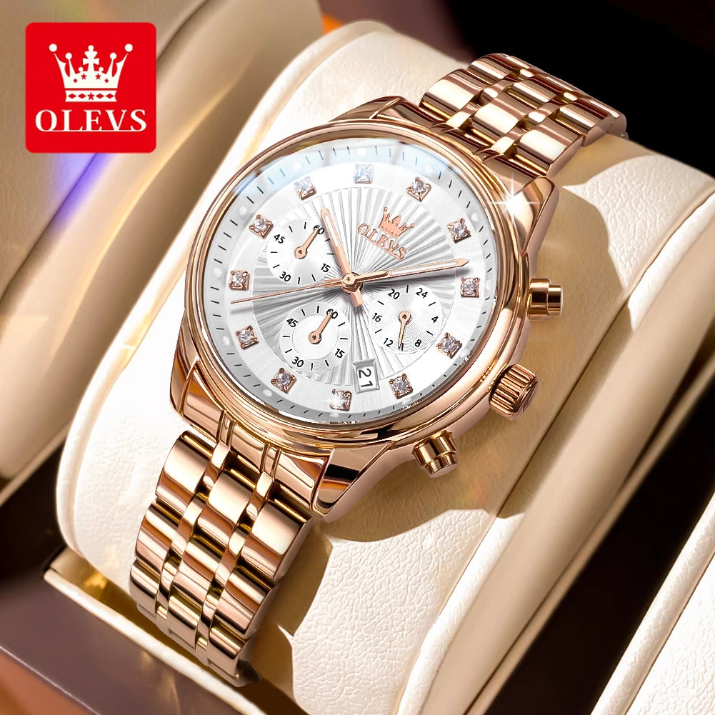 OLEVS 3669 Original Chronograph Quartz Wristwatch for Lady Calendar Waterproof Steel Strap Elegant Dress Women's Watches