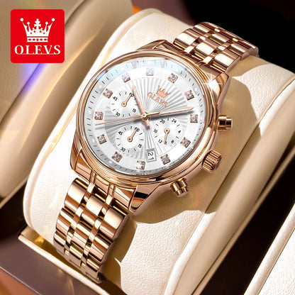 OLEVS 3669 Original Chronograph Quartz Wristwatch for Lady Calendar Waterproof Steel Strap Elegant Dress Women's Watches