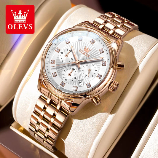 OLEVS 3669 Original Chronograph Quartz Wristwatch for Lady Calendar Waterproof Steel Strap Elegant Dress Women's Watches