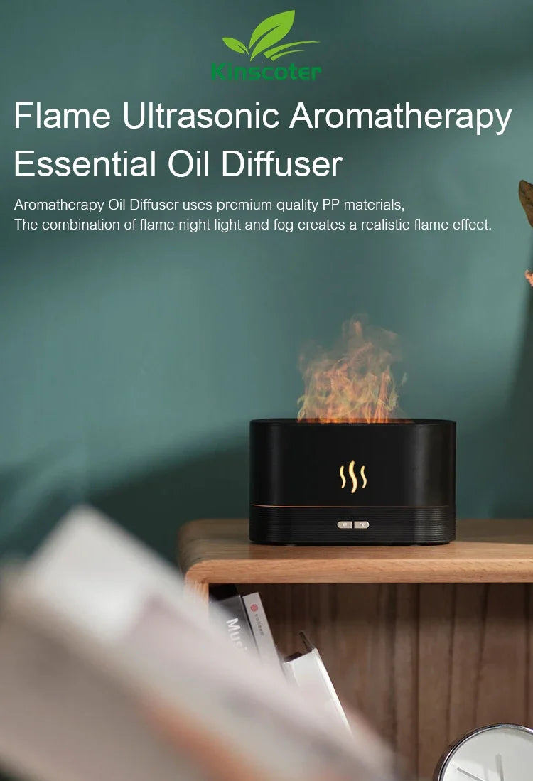 USB Desktop Flame Aroma Diffuser Humidifier 7 Colors Simulation Light Aromatherapy Air Purifier for Bedroom/Essential oil set