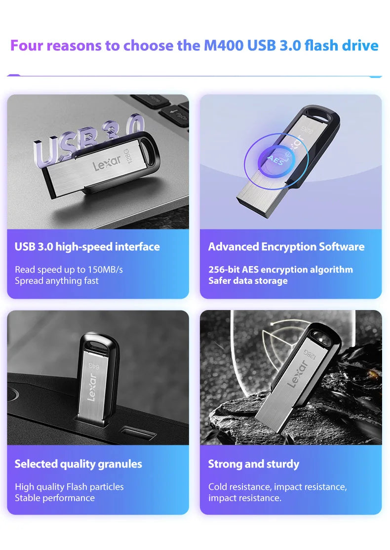 Original Lexar JumpDrive M400 USB 3.0 Flash Drive 32GB Read Max 130MB/s Memory Stick 64GB 128GB 256GB Metal USB Stick For PC