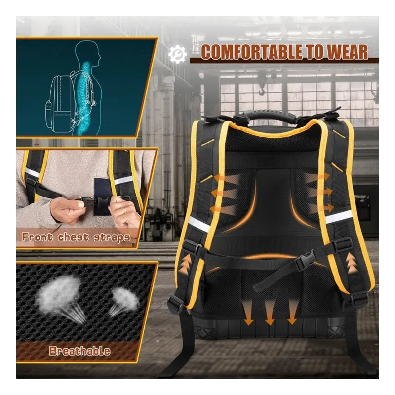 Heavy-duty tool backpack with detachable tool storage pockets, large capacity storage bags, and multi-functional slip pockets.