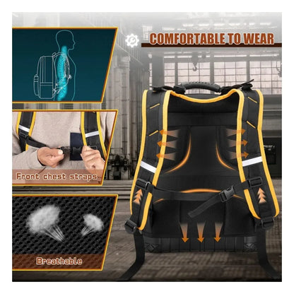 Heavy-duty tool backpack with detachable tool storage pockets, large capacity storage bags, and multi-functional slip pockets.
