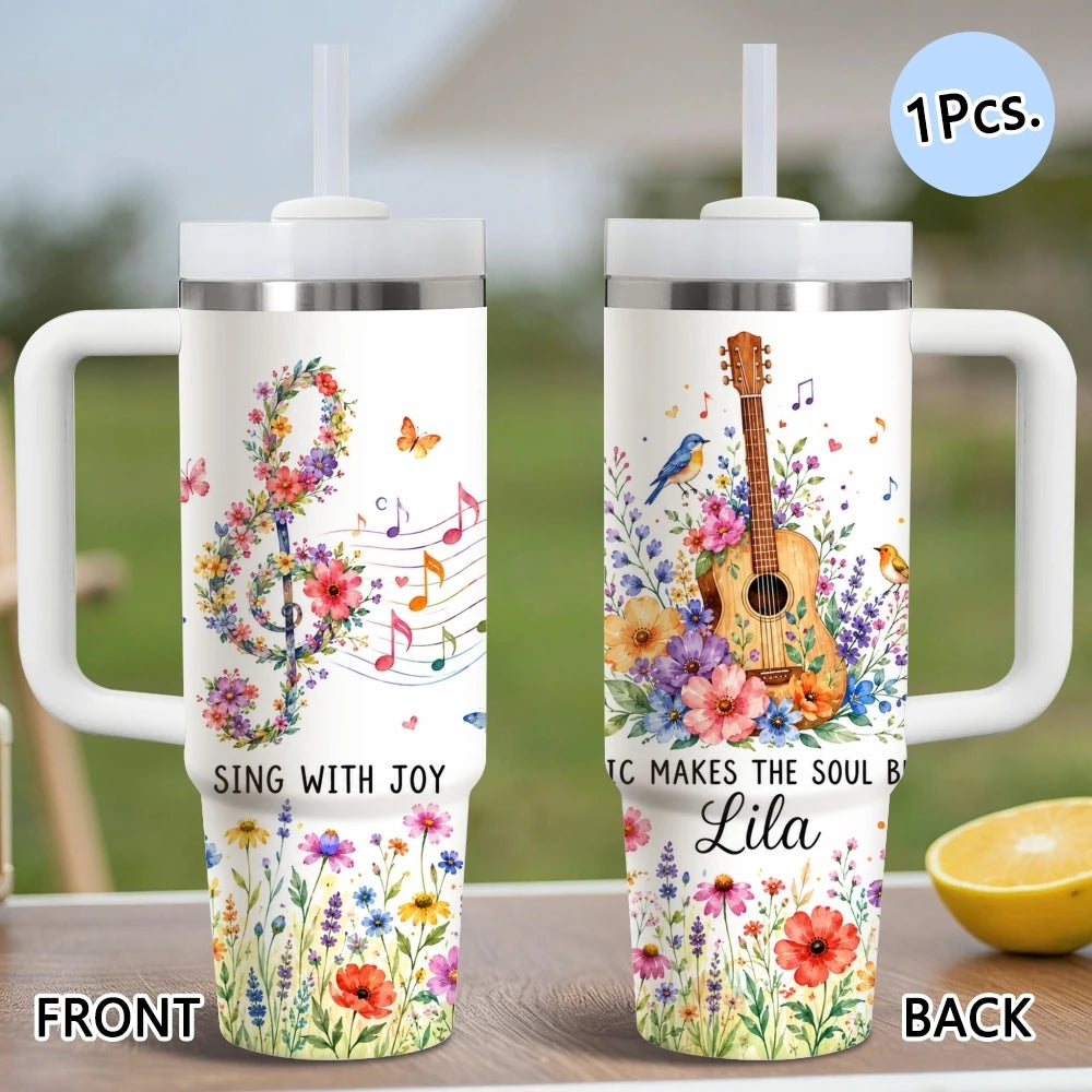Luxury Garden Art Vacuum Flasks 40oz Stainless Steel Insulated Tumbler with Handle & Straw Leakproof Travel Mug