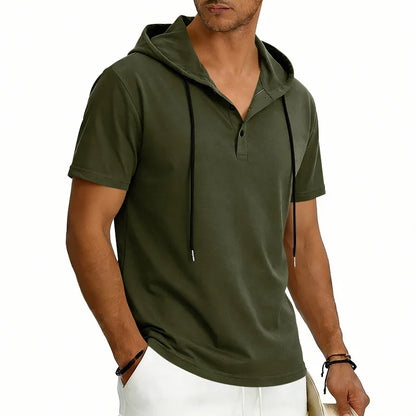 Summer Men's Short Sleeve Hooded T-Shirt Henry Neckline Drawstring Design Casual Loose Breathable Sporty Vest