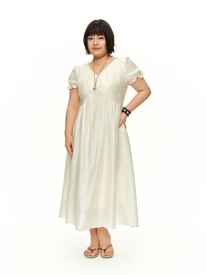 DUSHU Women's 2026 Summer New Sweet Skirt Puff Sleeve V-Neck Lyocell Dress Short Sleeve Slim Fit A-Line Beige Dress Multi-Size