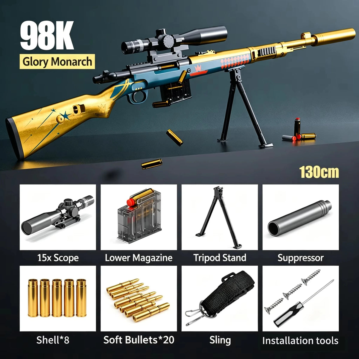 130cm Large Kar98k Soft Bullet Gun, Capable Of Firing Soft Bullets, Throwing Toy Soft Bullet Gun, Birthday Gift Toy Gun Model