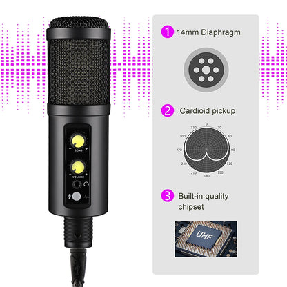 Metal USB Microphone,with Headphone Output,Volume and Echo Control,Mute Button,Condenser Gaming Mic for PC/Laptop,for Singing