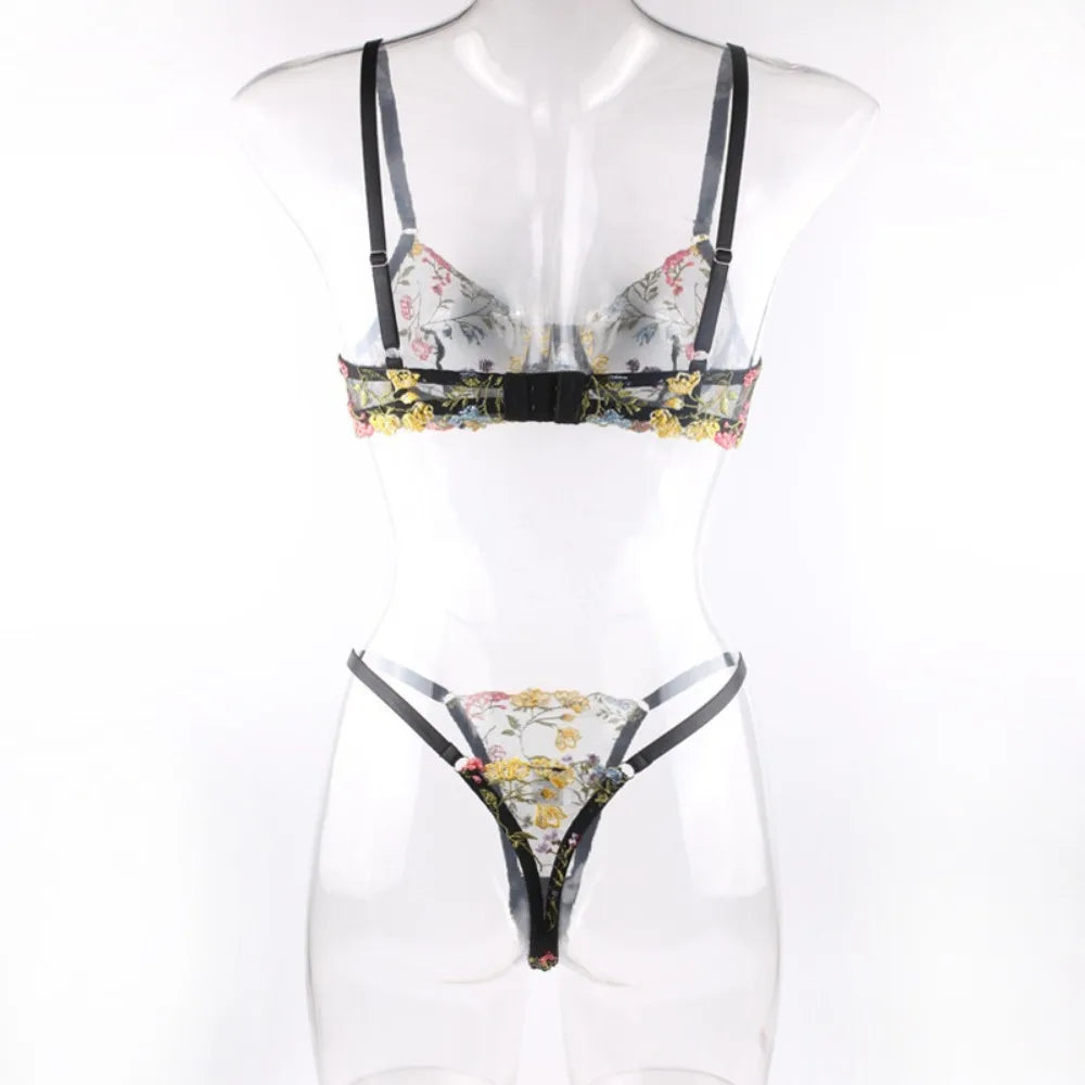 2-Piece Floral Lingerie Set Sheer Embroidery Underwear Intimates Underwire Push-up Versatile Bra Panty Set For Lady Girl