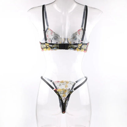 2-Piece Floral Lingerie Set Sheer Embroidery Underwear Intimates Underwire Push-up Versatile Bra Panty Set For Lady Girl
