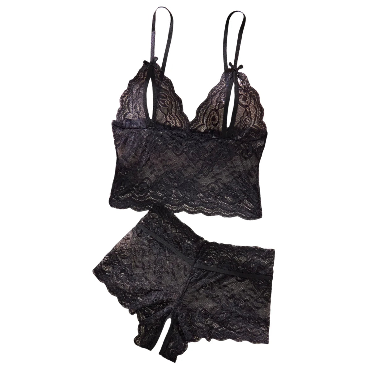 Women Black Open-Back Lace Two-Piece Panties Underwear Sleep Set