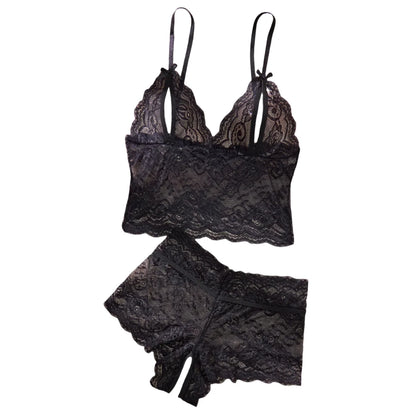 Women Black Open-Back Lace Two-Piece Panties Underwear Sleep Set
