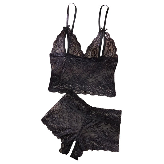 Women Black Open-Back Lace Two-Piece Panties Underwear Sleep Set