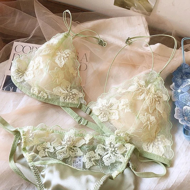 French Lace Bralette Small Bust Women Wireless Ultra Thin Sexy Embroidery Mesh No Underwire Push Up Comfort Bra Set BANERDANNI
