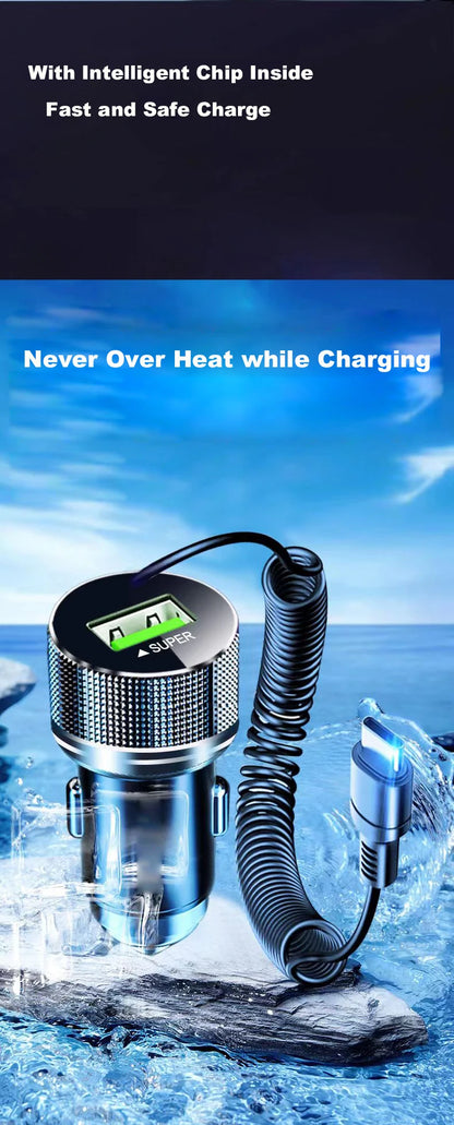 Ładowarka samochodowa EDEBA Metal USB z kablem Type-C 12 V Super szybkie ładowanie, adapter samochodowy 2 w 1 do iPhone'a, Samsunga, Huawei, VIVO, OPPO