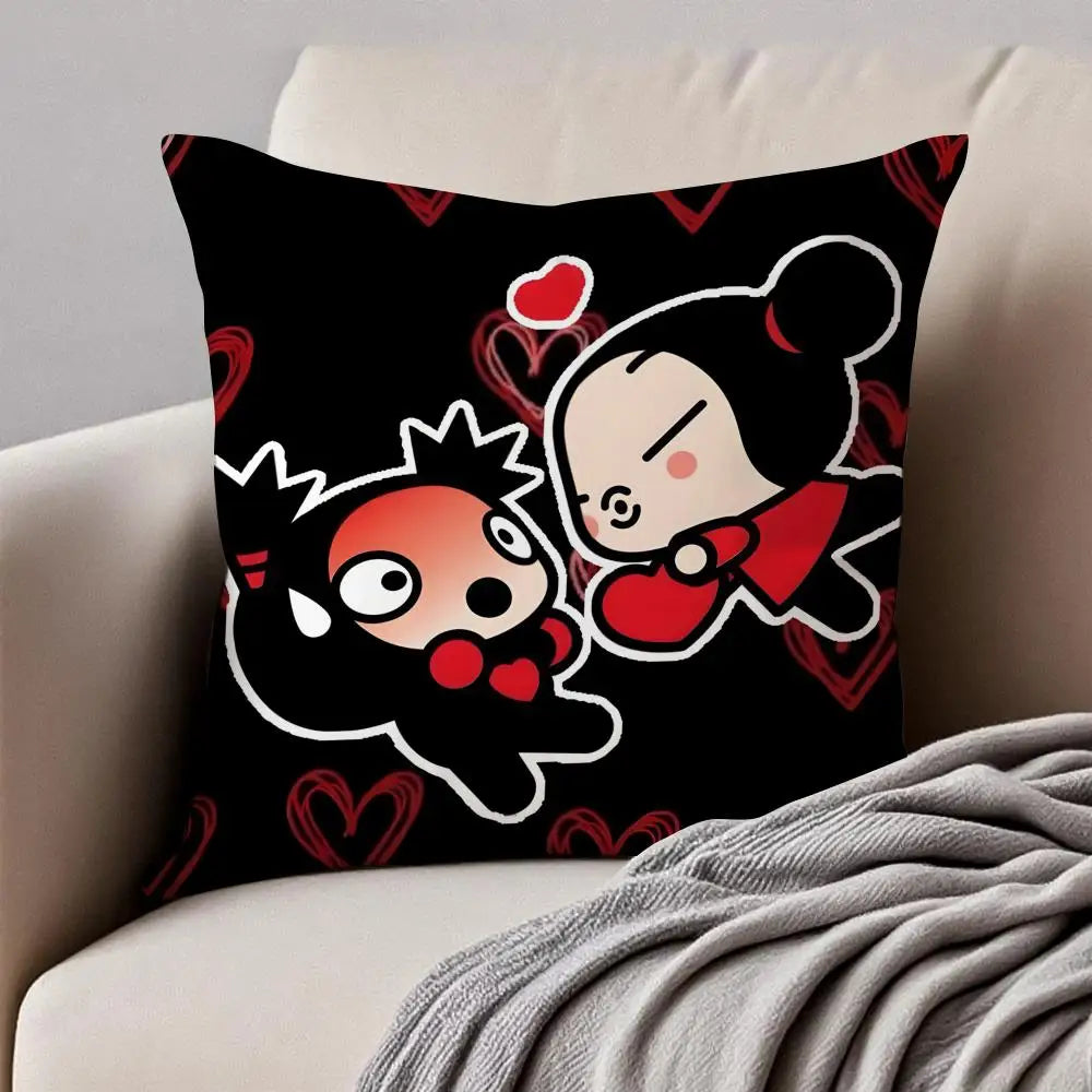 Kawaii P-Pucca Anime Cushion Cover Pillowcase Anti-dustmite Invisible Zipper Short Plush Sofa Cushion