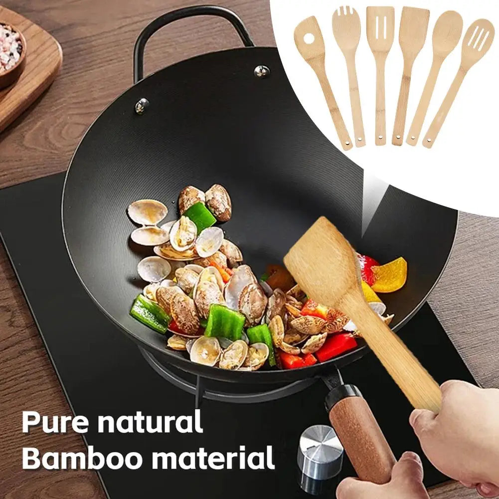 Wooden Cooking Utensil Set Bamboo Kitchen Spatula Spoons Tools Long Handle Honey Coffee Milk Teaspoon Spice Condiment Scoops